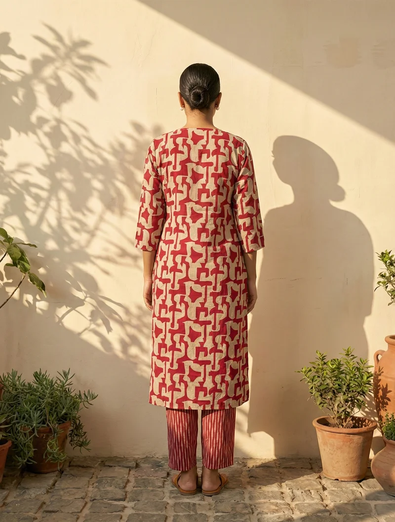 ترو برونز trueBrowns Pink Abstract Print Embroidered Kurta Pant Dupatta Set